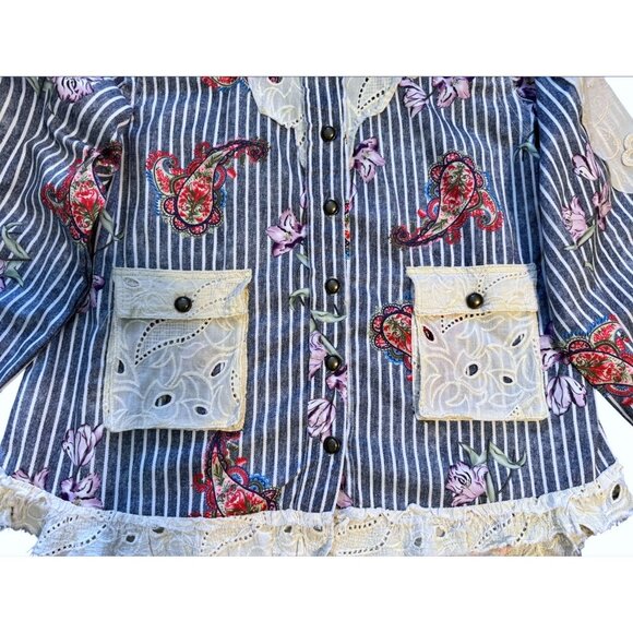 POL Women's Striped Paisley Floral Lace Button Up Shirt Size Medium Boho - Picture 7 of 10